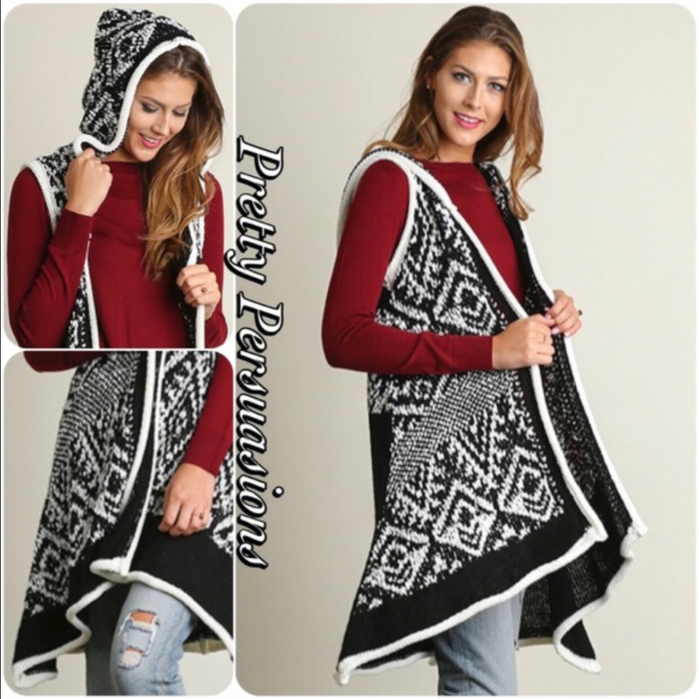 LAST ONE‼️Black White Tribal Hooded Sweater Vest - Picture 2 of 4
