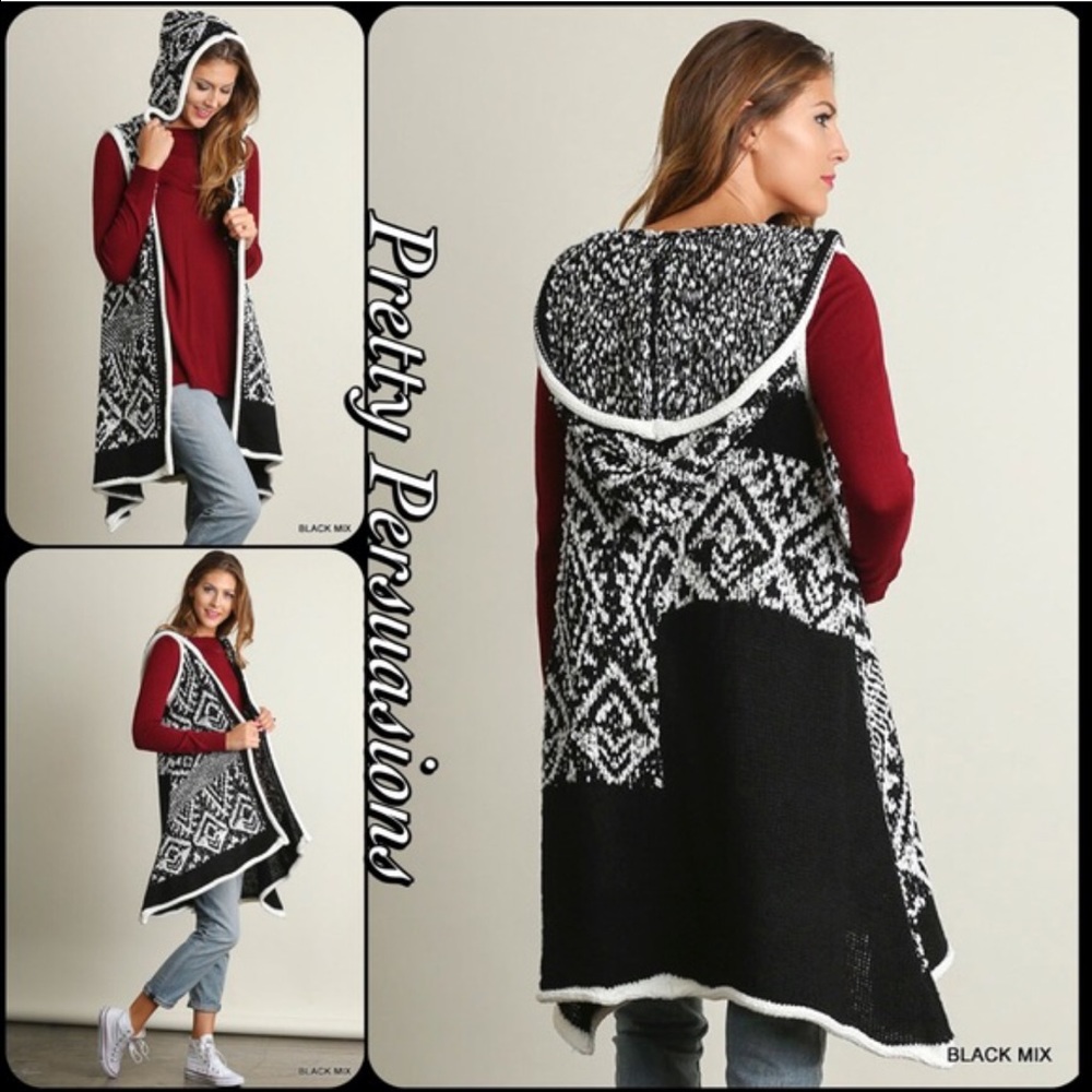 LAST ONE‼️Black White Tribal Hooded Sweater Vest - Picture 3 of 4