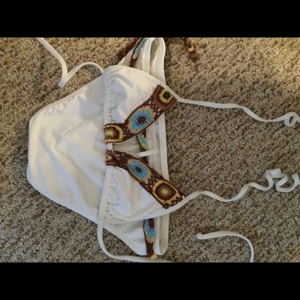 White Halter Style Bikini w Crochet Details