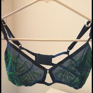 VS blue mesh bralette, green crystals