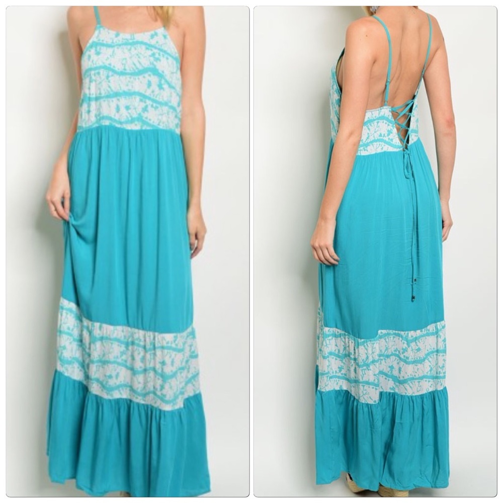Aqua & White Maxi Dress lace detail