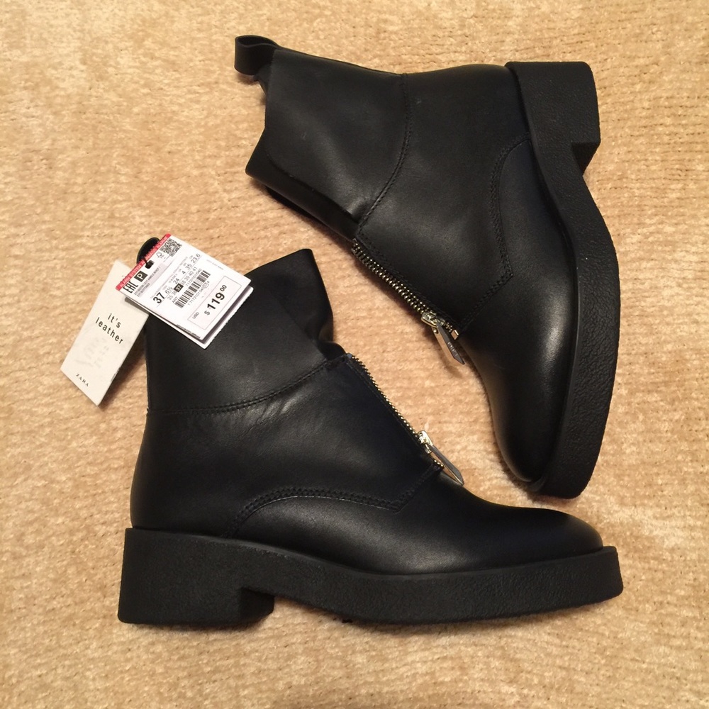 NWT ZARA LEATHER BLACK ANKLE BOOTS WITH ZIP SHOES - Picture 4 of 4