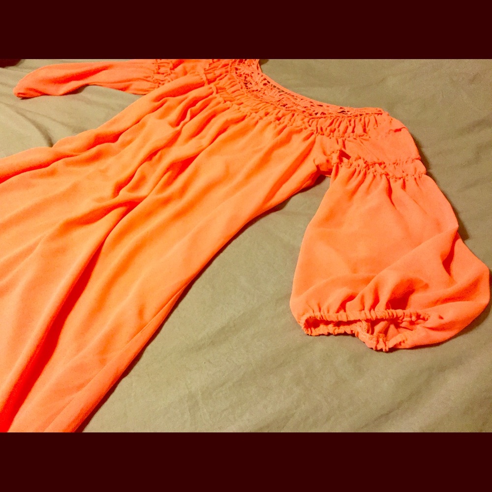 Coral tunic dress with lace detailed neckline
