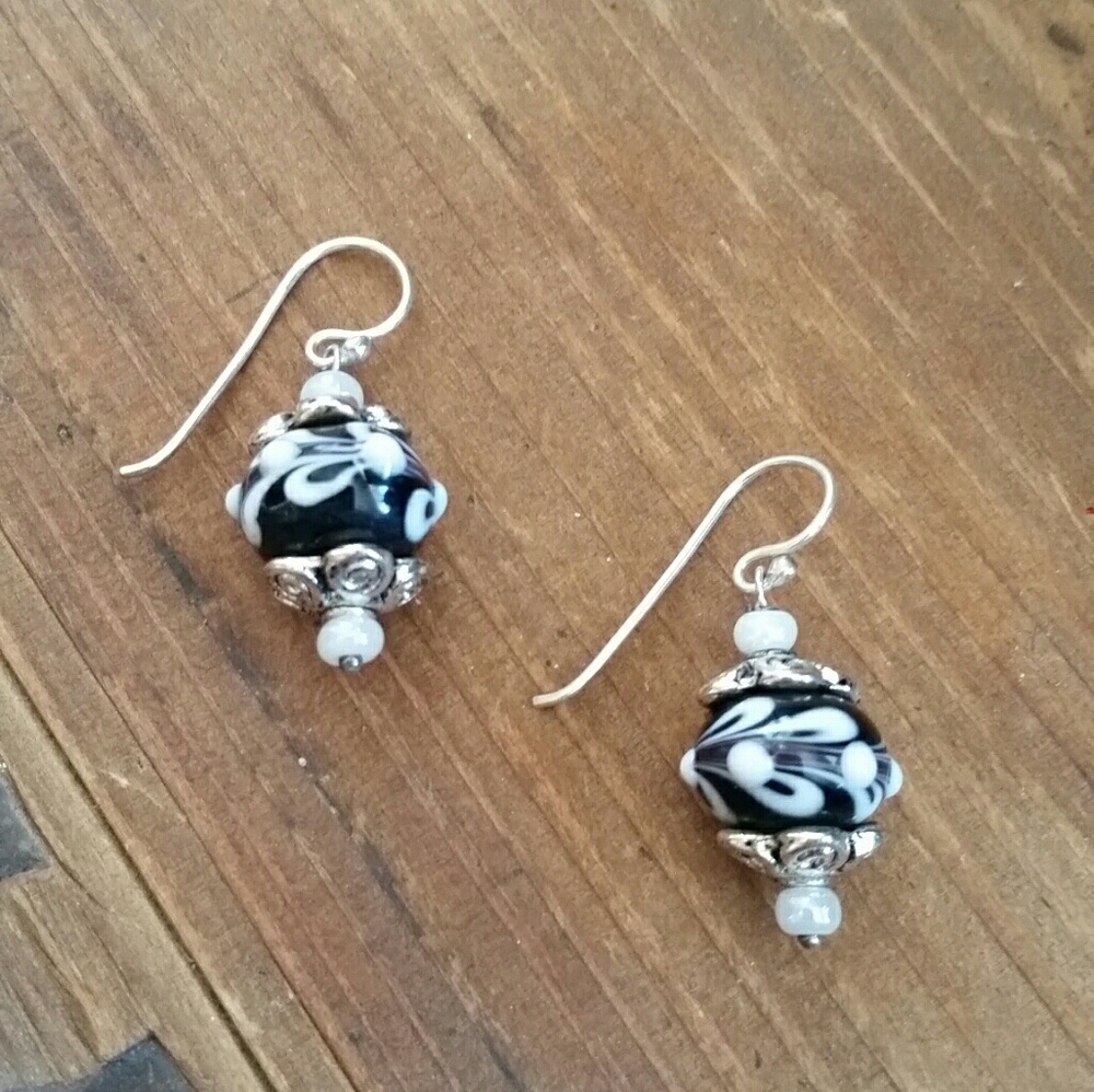 Black & White Lamp work Glass Earrings Sterling