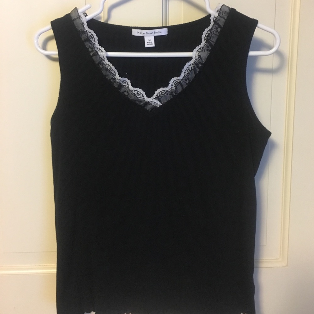 Black tank top with white lace trim size M