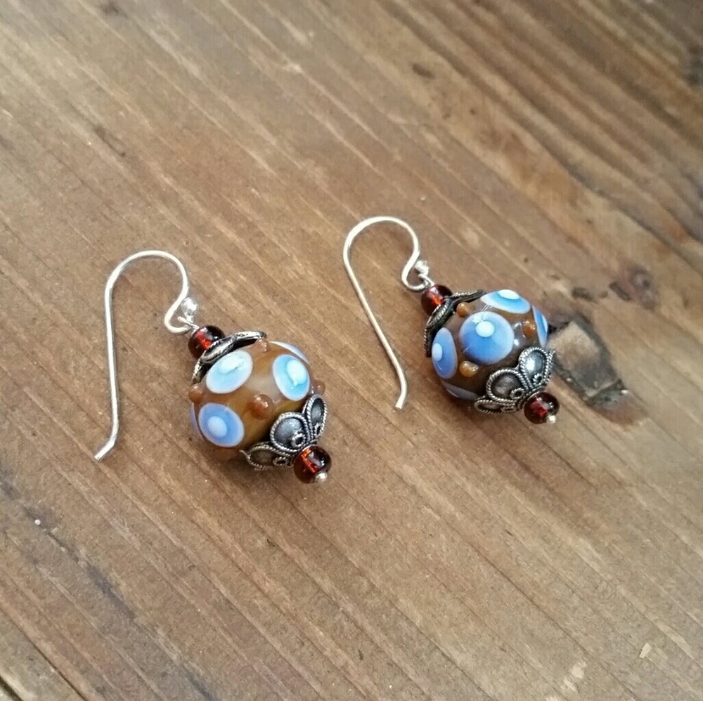 Brown & blue lamp work Glass earrings, sterling si