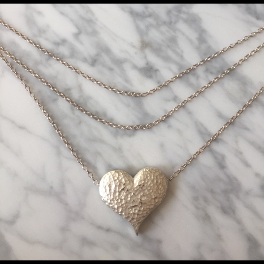 Hammered silver heart three-chain tiered necklace