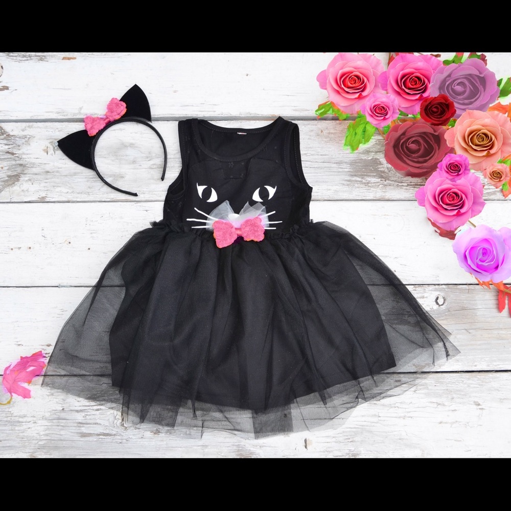 Black kitty cat Dress with Ears pink costume