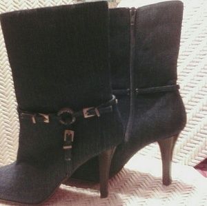 Blue Denim Ankle-Rise Boots with Buckle Ornament.