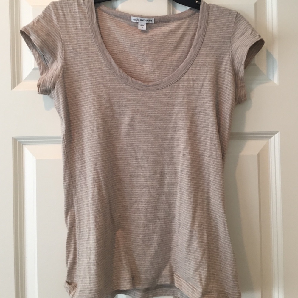 Light, tan tee with mini white stripes