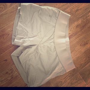 Khaki maternity shorts.