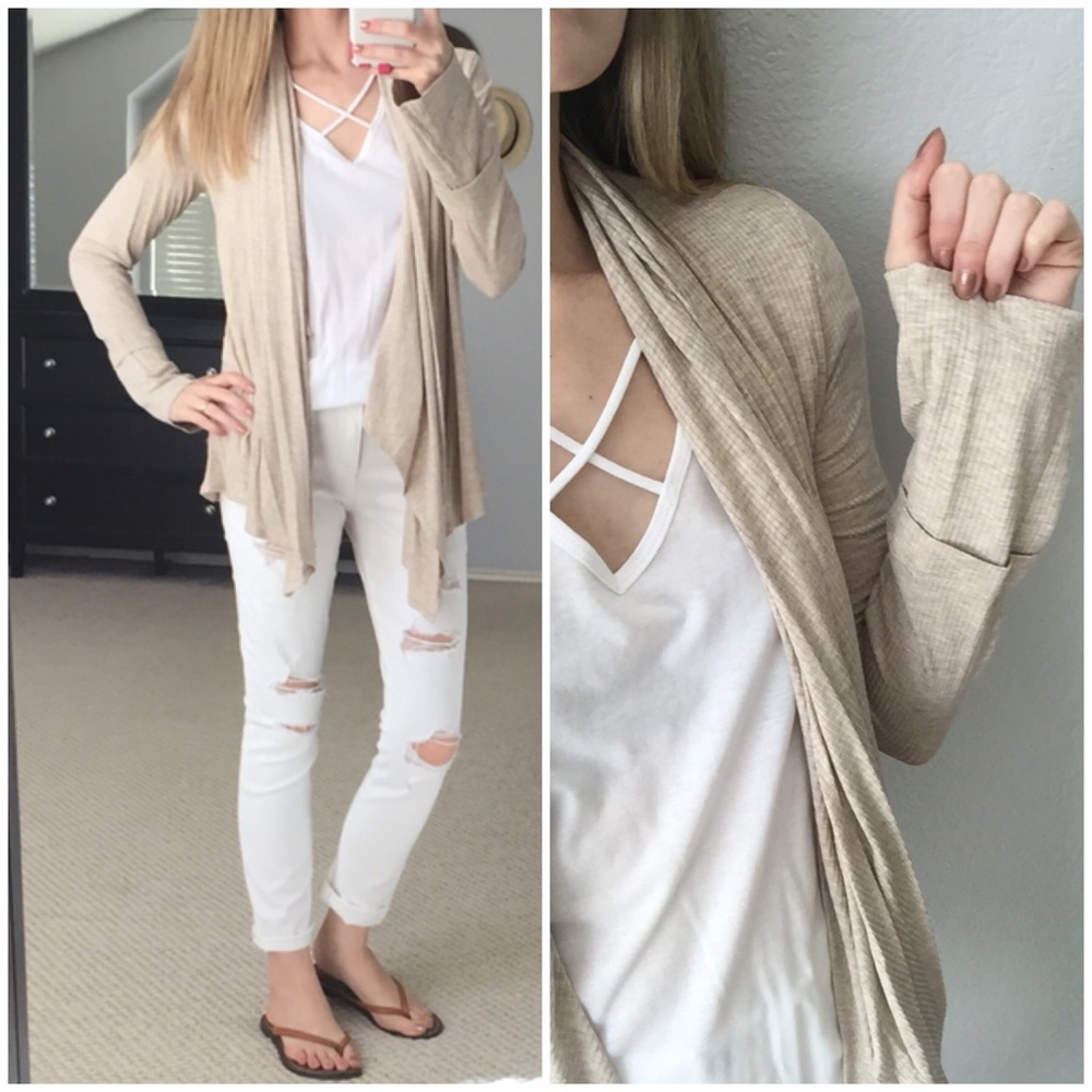 LAST CHANCE▫Oatmeal Ribbed Waterfall Cardigan - Picture 3 of 6