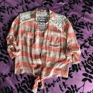 Pretty Good plaid blouse with lacy top and tye