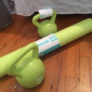 Yoga mat and kettle bells