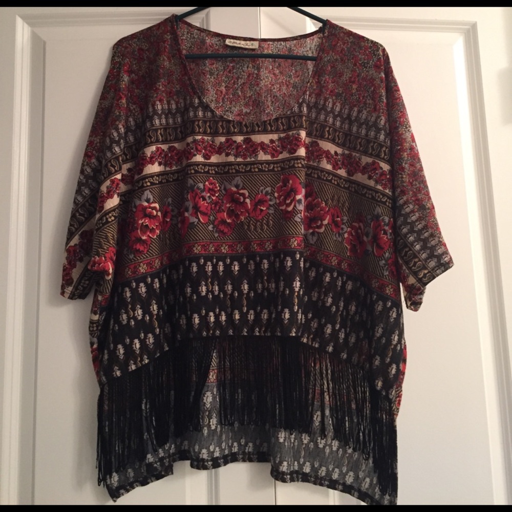 Red and black fringe top