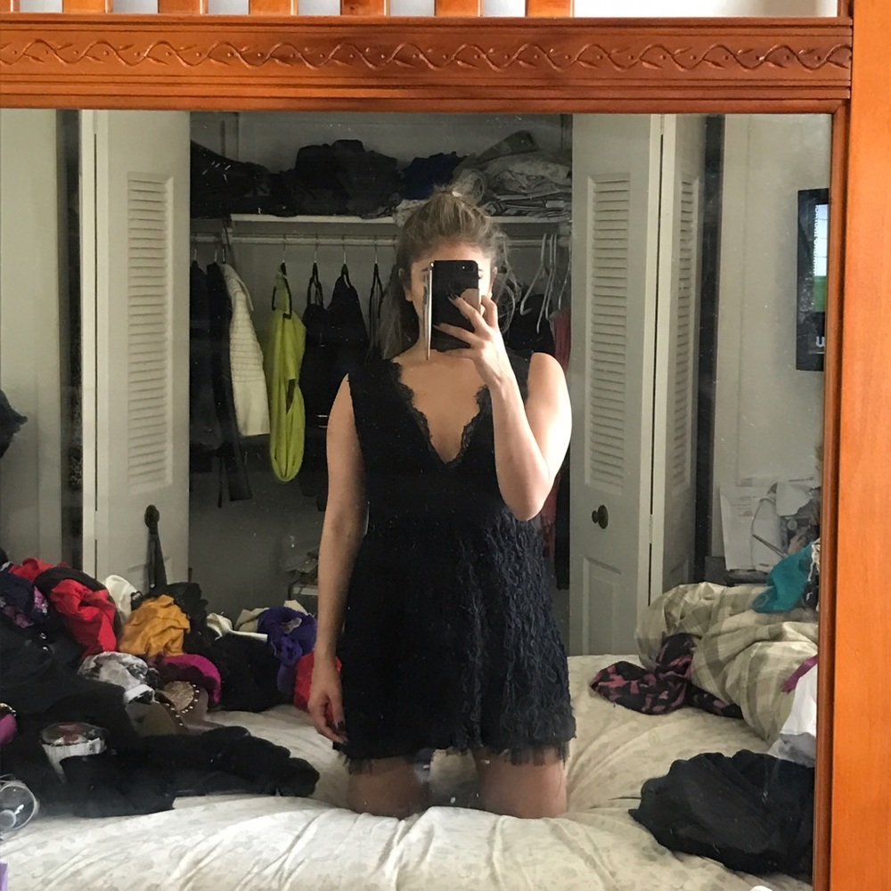 Black Lace Transparent Back Deep V Dress