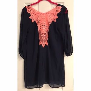 Navy Blue Dress, Coral Crochet Detail