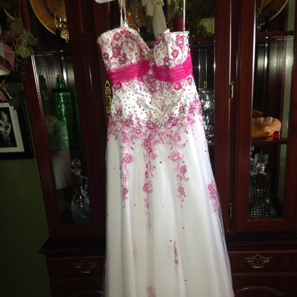 white and pink corset back prom dress