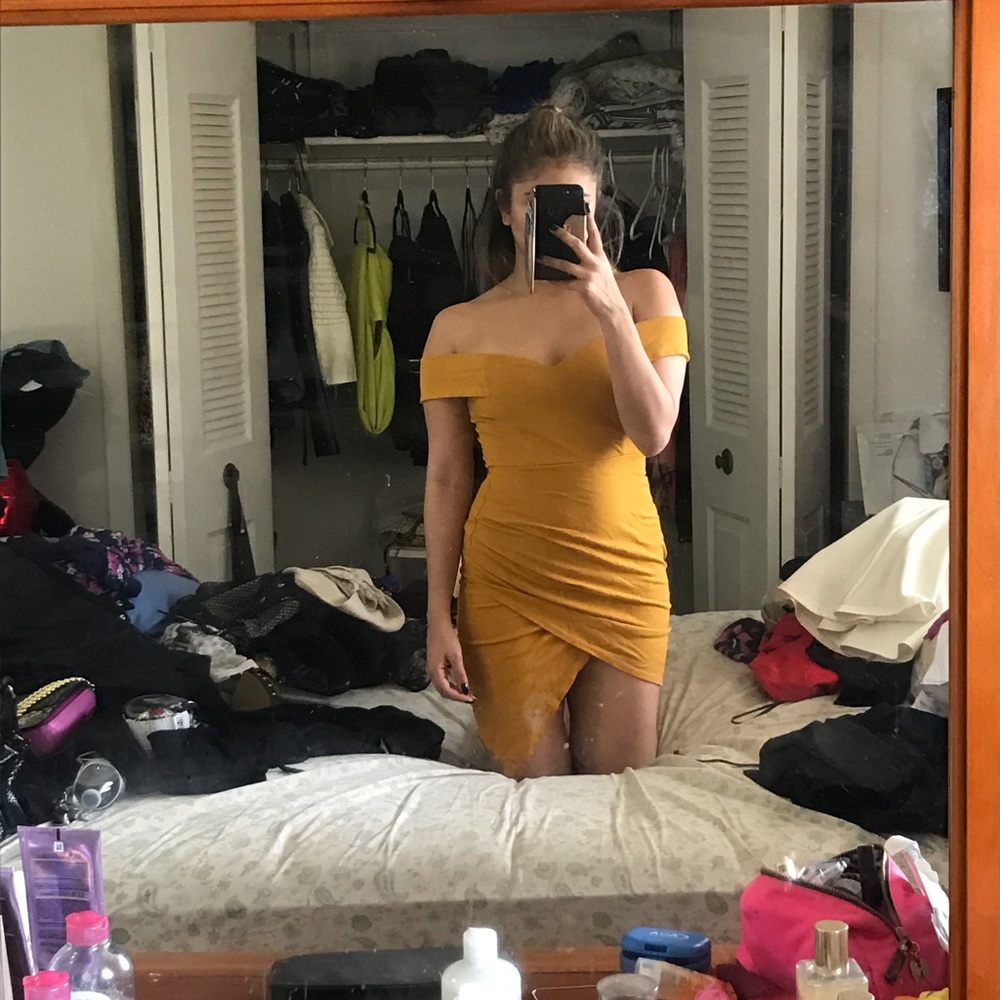 Mustard asymmetrical off the shoulder Dress