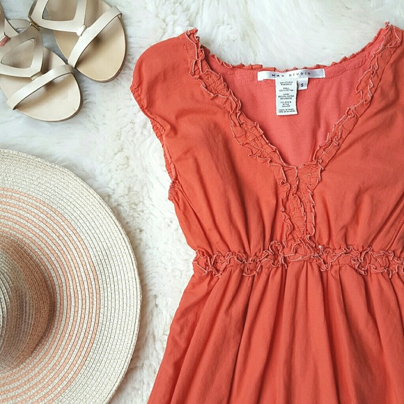{Max Studio} V-Neck Embroidered Coral Summer Dress - Picture 1 of 5