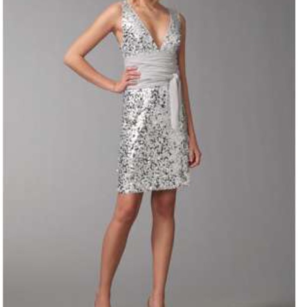 BCBGMAXAZRIA Silver Sequined Cocktail Dress