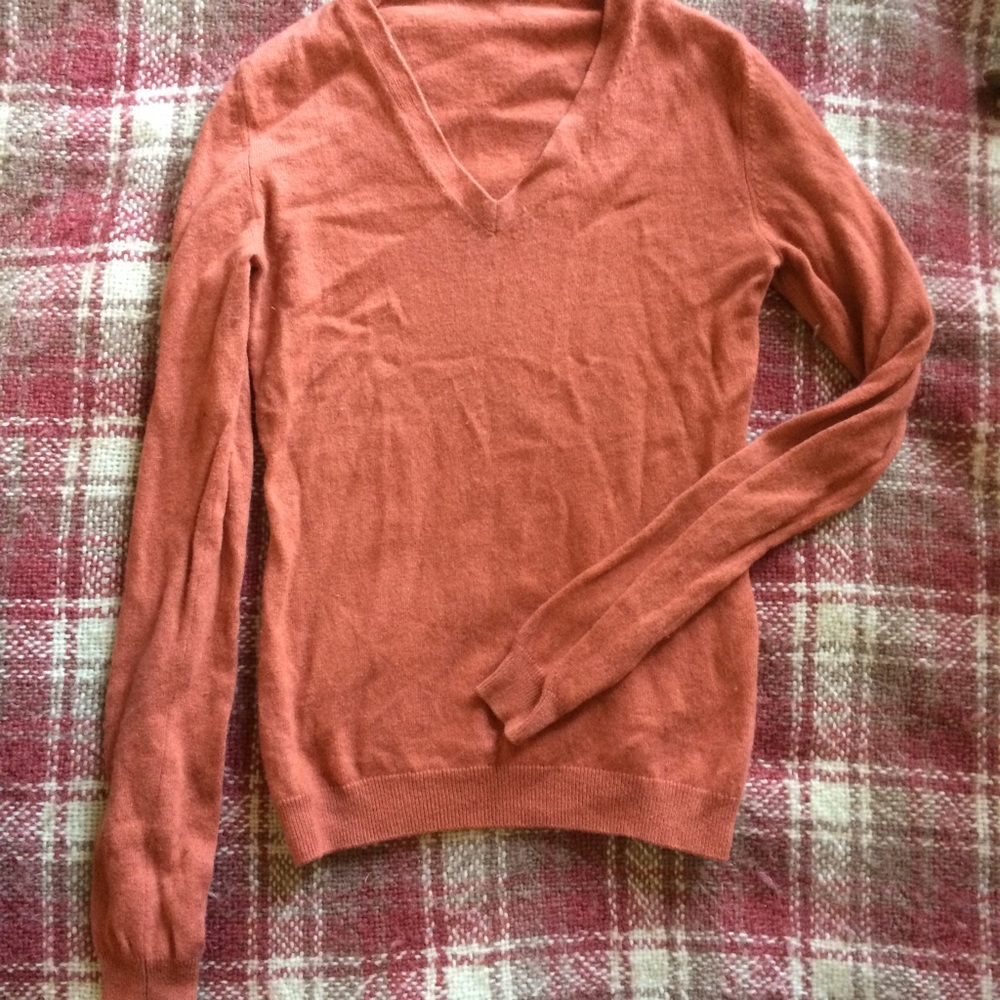 Rose Pink Salmon Cashmere V Neck Sweater