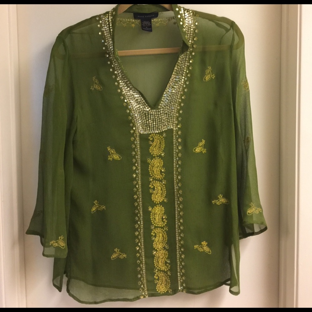 Anne Carson Silk Top with Gold Embroidery, Size M