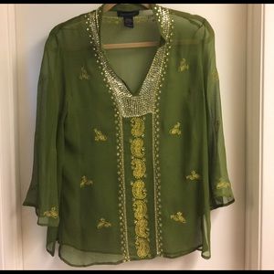 Anne Carson Silk Top with Gold Embroidery, Size M