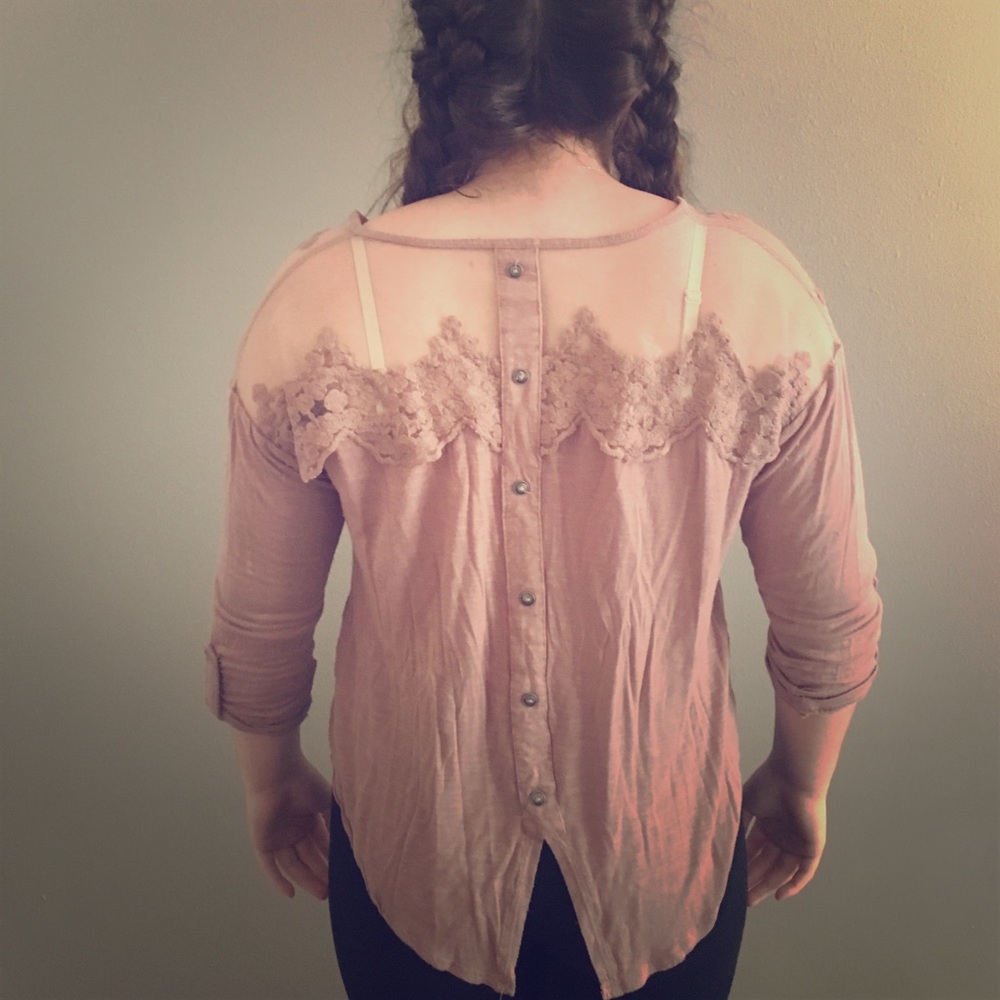 Light brown / pinkish lace top.