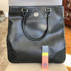 Tory Burch black leather Robinson Magazine Tote