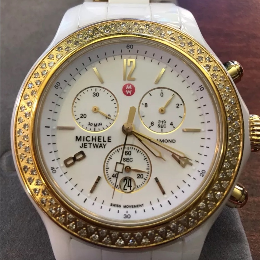 Michele white ceramic diamond jetway watch.