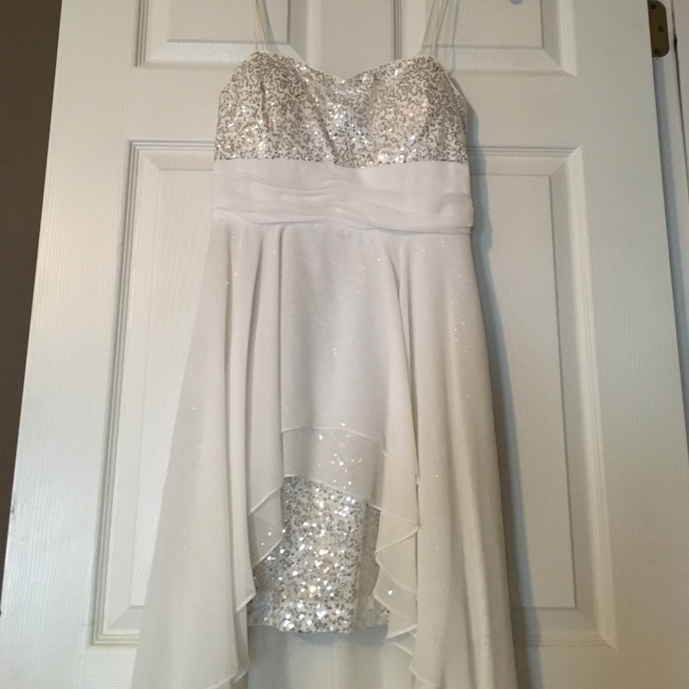 White and silver sequined high /low dress