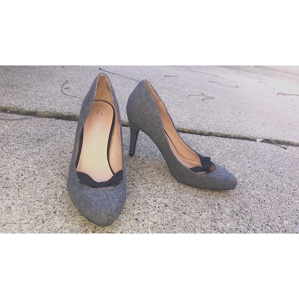 grey stiletto heels with black ribbon bow
