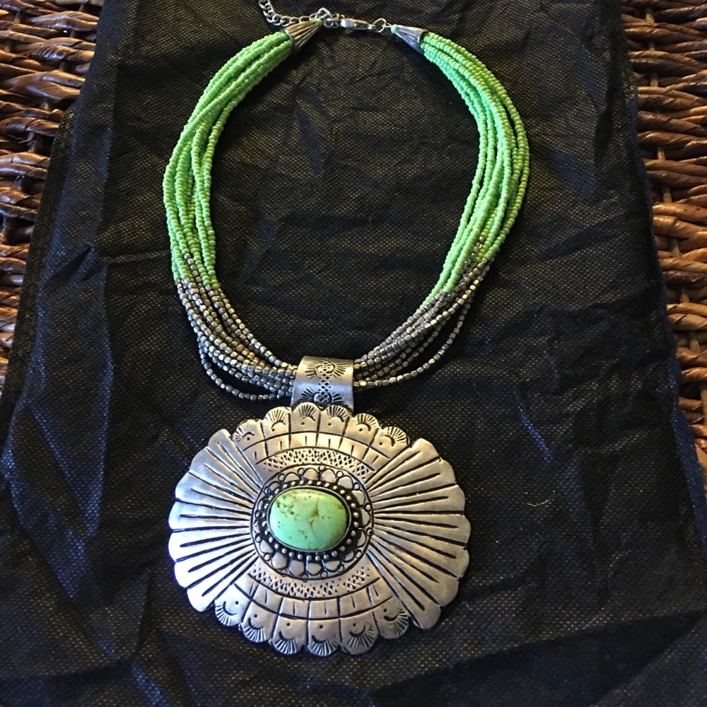 Large green and silver statement necklace