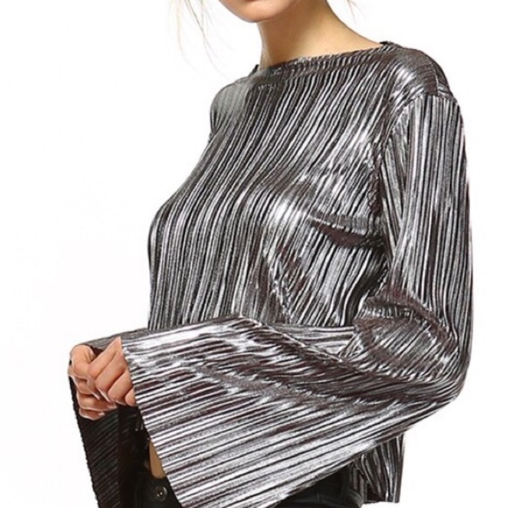 Metallic Silver Bell Sleeve Pleated Top