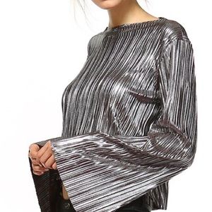Metallic Silver Bell Sleeve Pleated Top