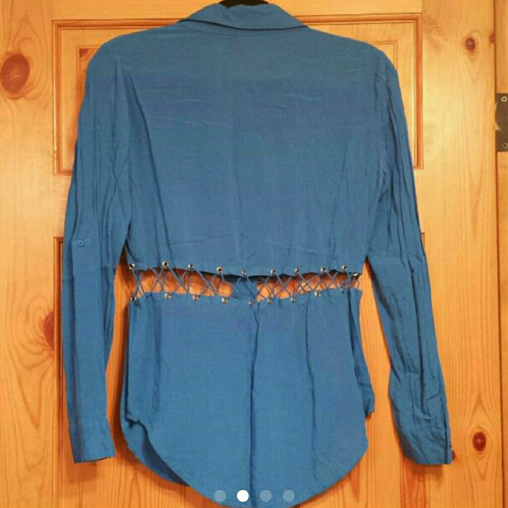 Sold not for sale Love Tree | Blue Button down sexy top Medium - Picture 2 of 4