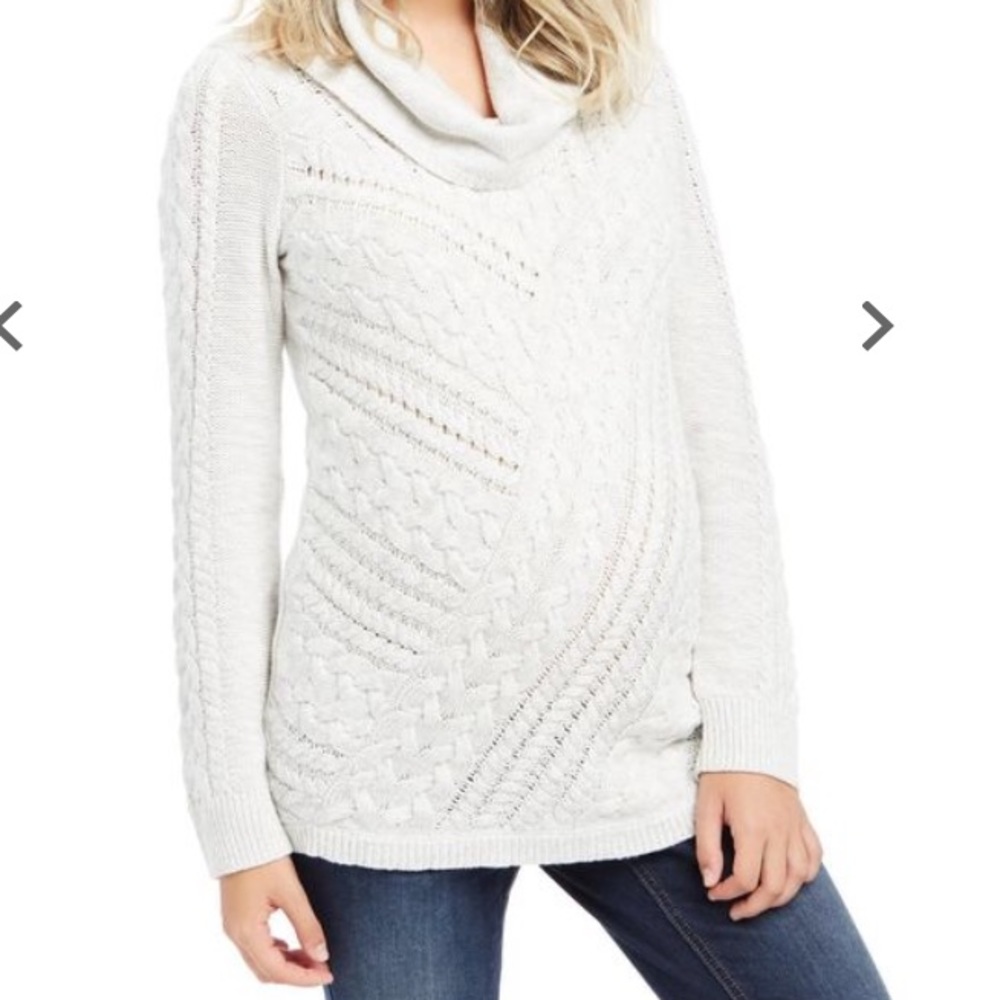 Cable knit cowl neck sweater in light grey