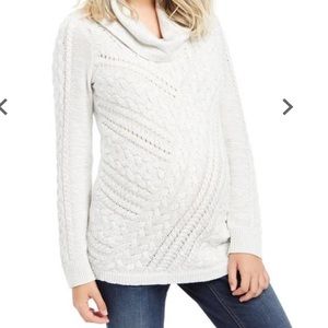 Cable knit cowl neck sweater in light grey