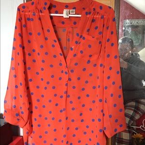 Blue and orange polka dot top