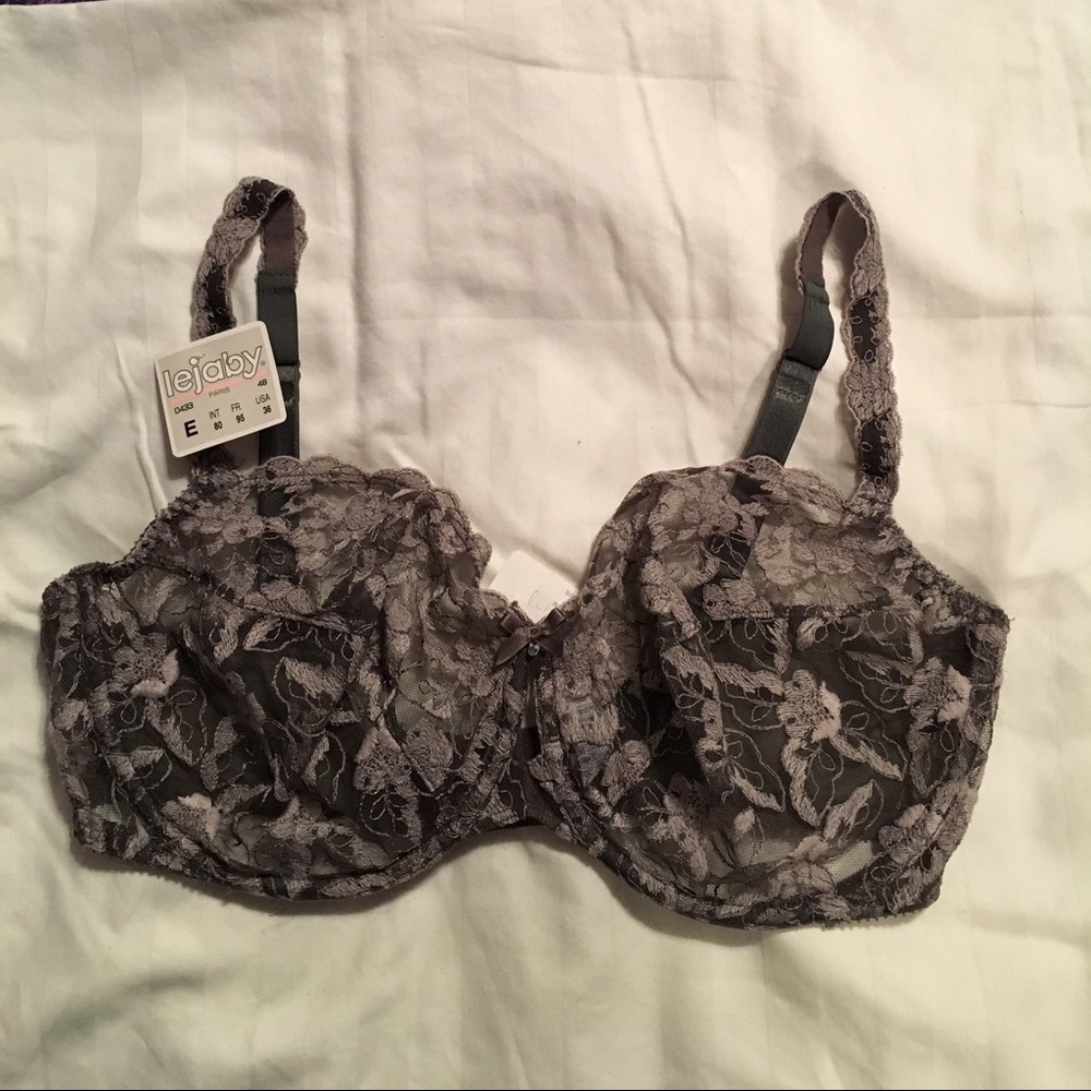 Lejaby Paris gray/silver lace underwire 36DD bra