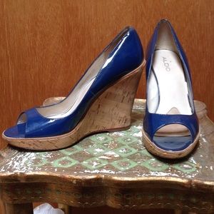 Aldo patent leather peep toe cork wedges