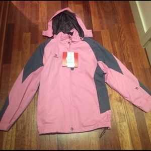 Lightweight pink snow jacket with matching beanie