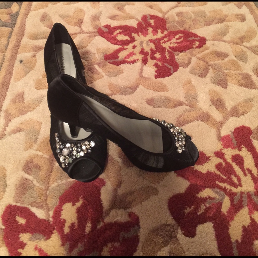 Satin and Mesh MENBUR Peep Toe Embellished Pumps