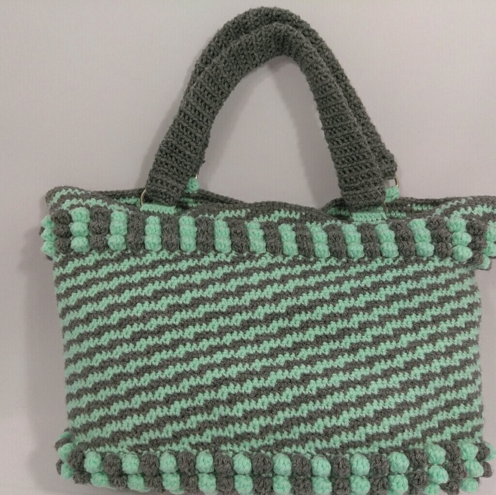 Gray/Mint green bubble stitch crochet handbag