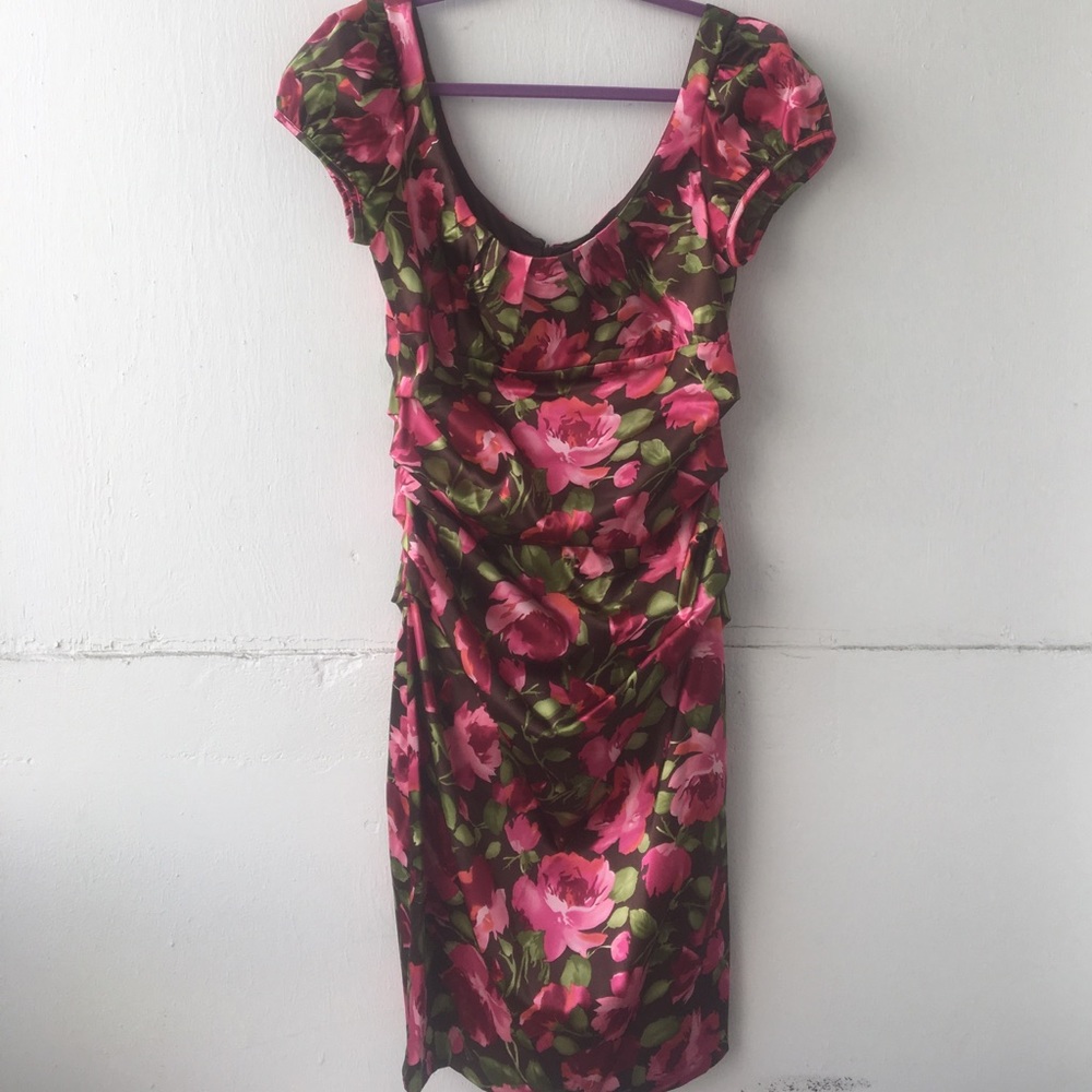 Sz 8 suzi chin dress satin pink floral rouch NWOT!