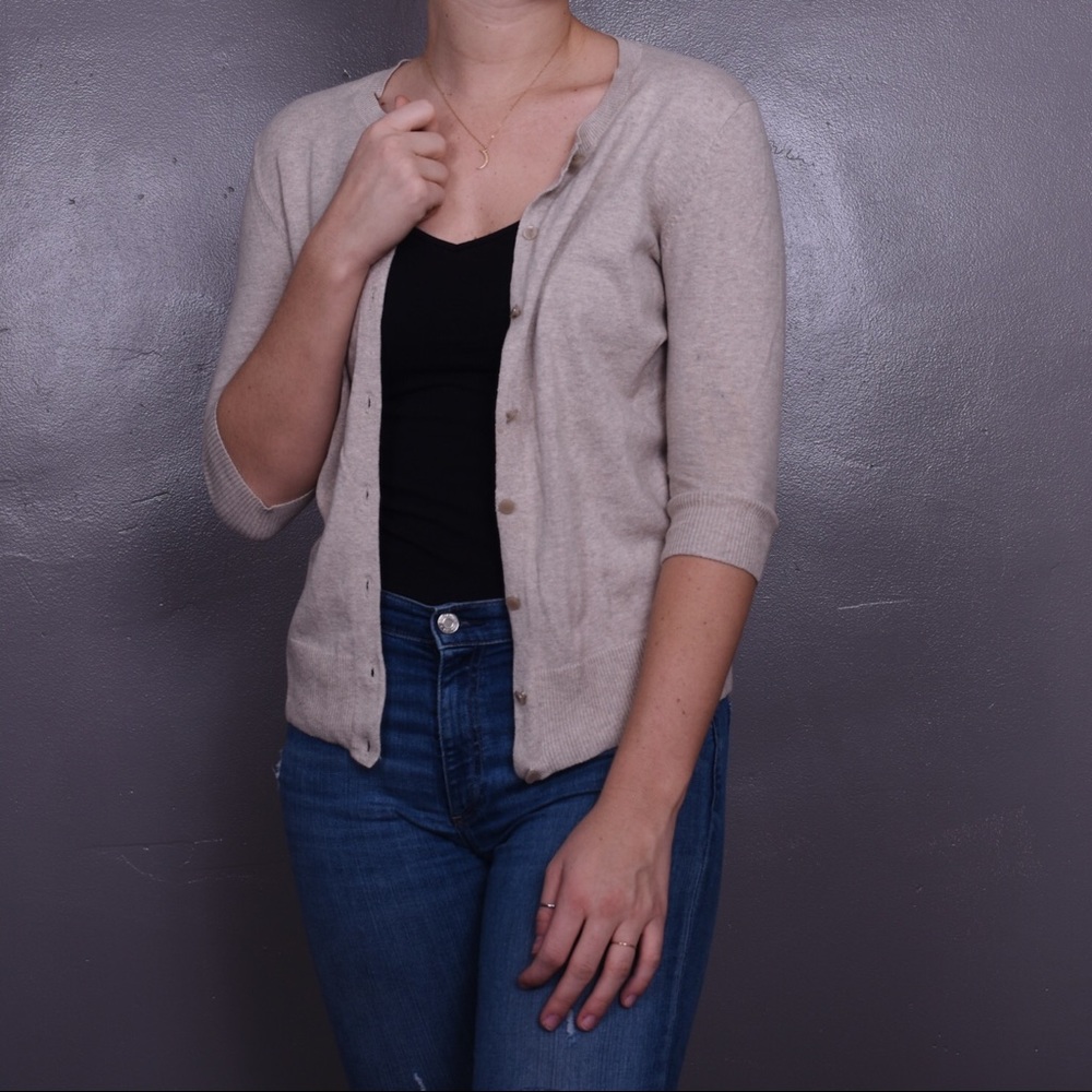 Tan Button-Up Cardigan.