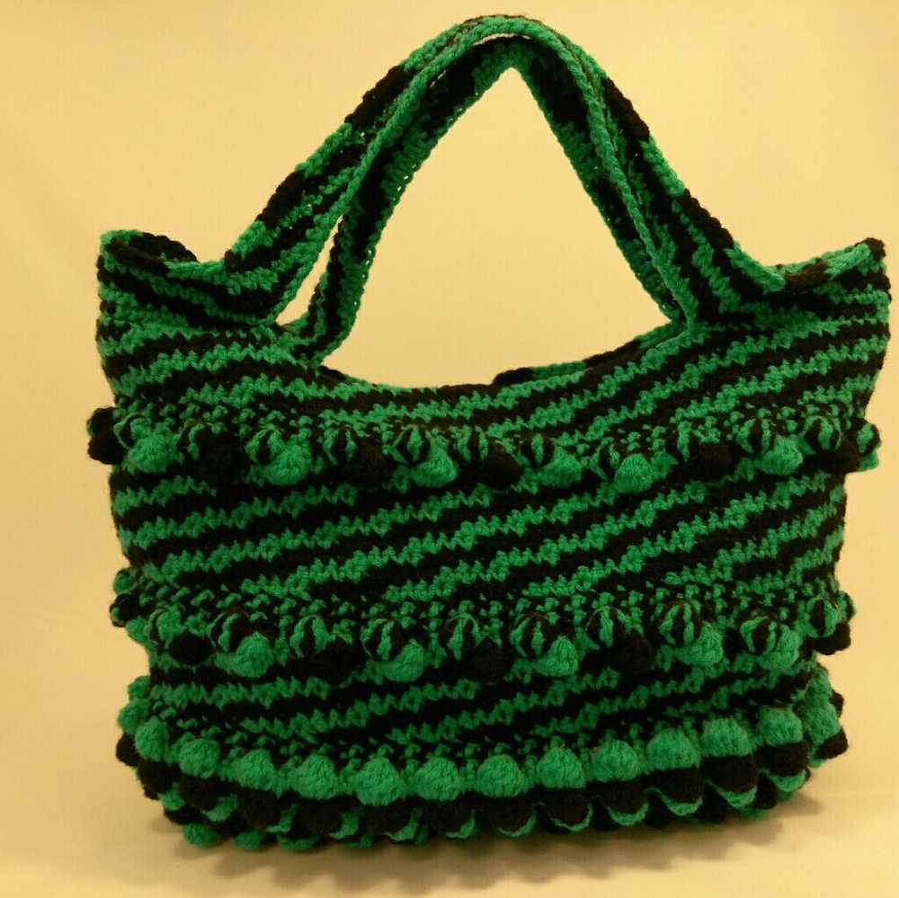 BLACK/Pool Bubble stitch crochet women handbag