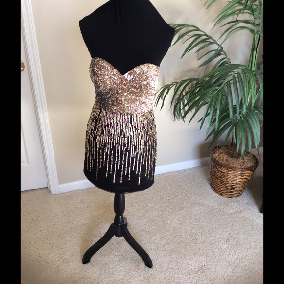Terani Couture strapless black Gold sequence dress - Picture 1 of 4