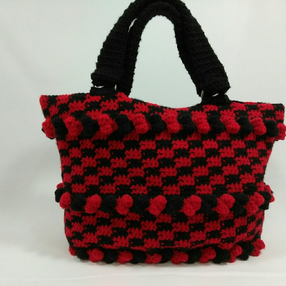 Black/RED bubble stitch crochet handbag